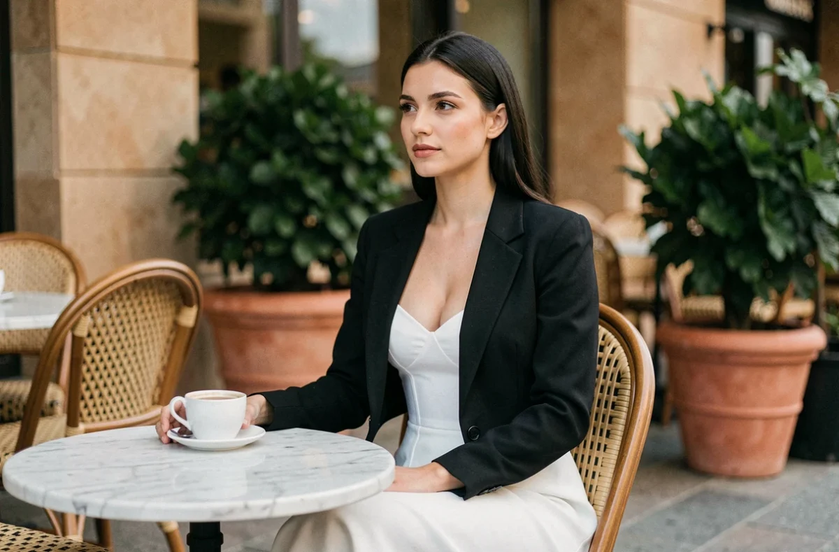 Femme en robe bustier blanche longue avec une veste noire courte assise en terrasse de café, association élégante noir et blanc