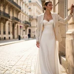 Femme portant une robe bustier longue blanche avec un blazer ivoire sur une rue pavée parisienne, silhouette élégante et équilibrée