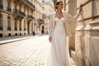 Femme portant une robe bustier longue blanche avec un blazer ivoire sur une rue pavée parisienne, silhouette élégante et équilibrée