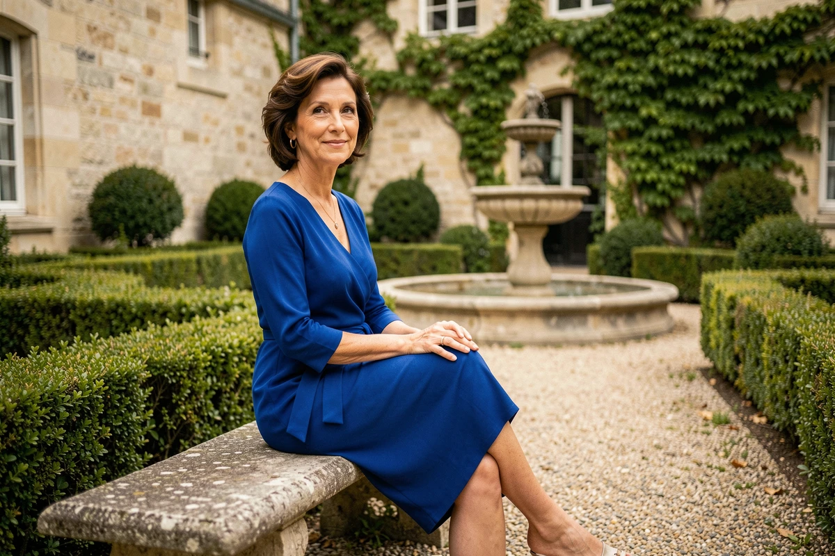 Femme en robe midi bleue cobalt assise dans la cour d'une mairie pour un mariage civil chic en 2026