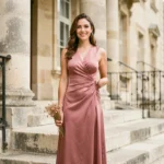 Femme en robe midi rose poudré élégante devant une mairie française pour un mariage civil en 2026