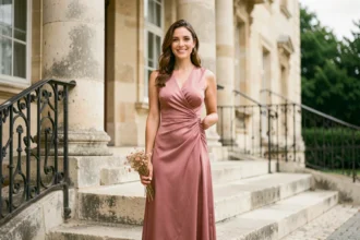 Femme en robe midi rose poudré élégante devant une mairie française pour un mariage civil en 2026