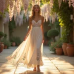 Jeune femme en robe longue blanche bohème à dentelle et broderies florales sur une terrasse en bois entourée de végétation, ambiance soirée estivale