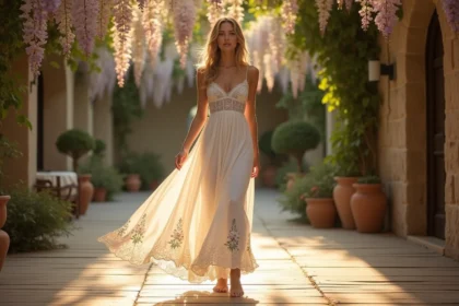 Jeune femme en robe longue blanche bohème à dentelle et broderies florales sur une terrasse en bois entourée de végétation, ambiance soirée estivale