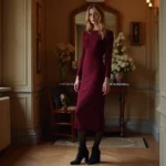 Femme élégante en robe midi bordeaux et collants noirs pour le Nouvel An hivernal, style parisien raffiné