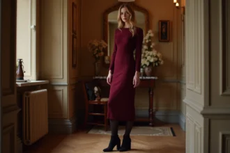 Femme élégante en robe midi bordeaux et collants noirs pour le Nouvel An hivernal, style parisien raffiné