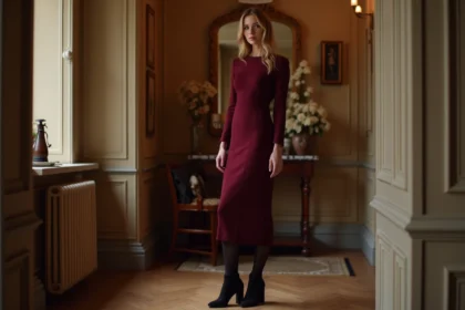 Femme élégante en robe midi bordeaux et collants noirs pour le Nouvel An hivernal, style parisien raffiné