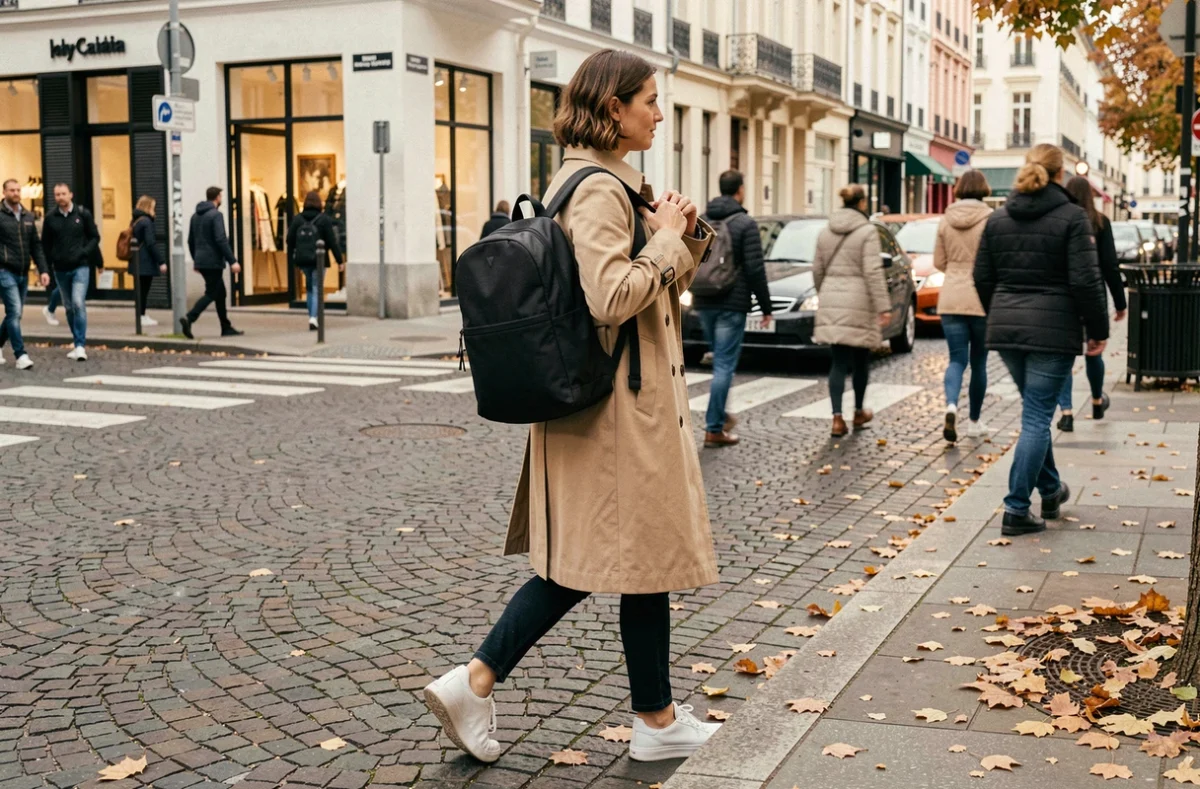 Femme ajustant son sac à dos léger sécurisé en marchant en ville dans une rue animée