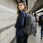 Femme portant un sac à dos ville ultra léger anti-vol sur un quai de métro