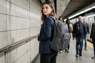 Femme portant un sac à dos ville ultra léger anti-vol sur un quai de métro