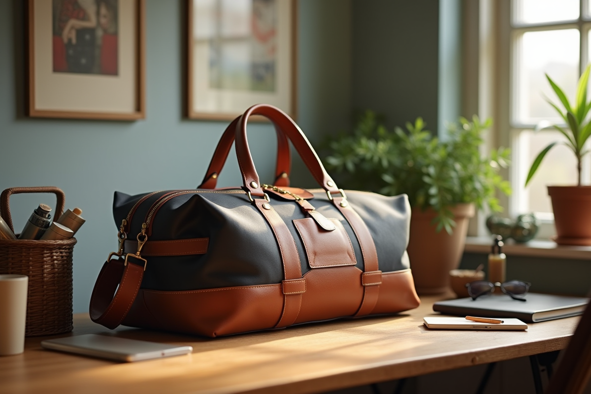 Sac Cabaia avec accessoires de voyage sur un bureau en lumière naturelle