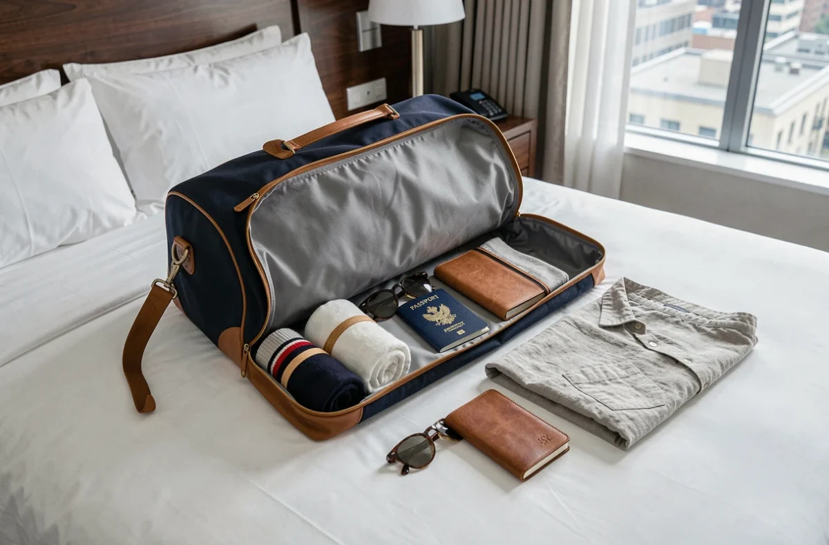 Sac de sport en cuir ouvert sur un lit d'hôtel avec affaires de week-end organisées autour, vue de dessus