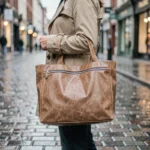 Femme portant un sac à main de voyage en toile imperméable sous la pluie dans une rue pavée mouillée