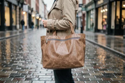 Femme portant un sac à main de voyage en toile imperméable sous la pluie dans une rue pavée mouillée