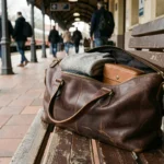 Sac de voyage en cuir marron posé sur un banc de gare avec pull en laine et trousse de toilette visibles à l'intérieur