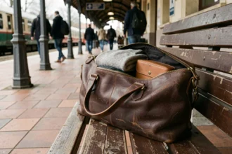Sac de voyage en cuir marron posé sur un banc de gare avec pull en laine et trousse de toilette visibles à l'intérieur
