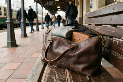 Sac de voyage en cuir marron posé sur un banc de gare avec pull en laine et trousse de toilette visibles à l'intérieur