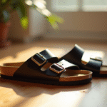 Paire de sandales Scholl et Birkenstock sur un sol en bois en lumière naturelle