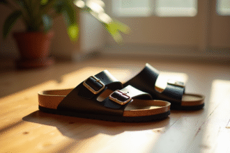 Paire de sandales Scholl et Birkenstock sur un sol en bois en lumière naturelle