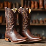 Paire de santiags en cuir marron pour homme avec motifs brodés, posée sur une surface en bois rustique dans un atelier de maroquinerie