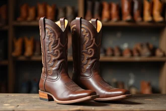 Paire de santiags en cuir marron pour homme avec motifs brodés, posée sur une surface en bois rustique dans un atelier de maroquinerie