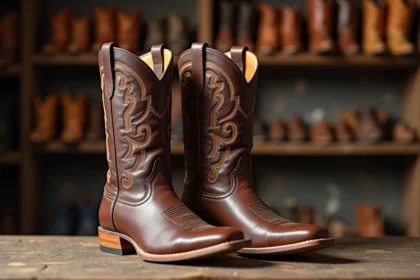 Paire de santiags en cuir marron pour homme avec motifs brodés, posée sur une surface en bois rustique dans un atelier de maroquinerie