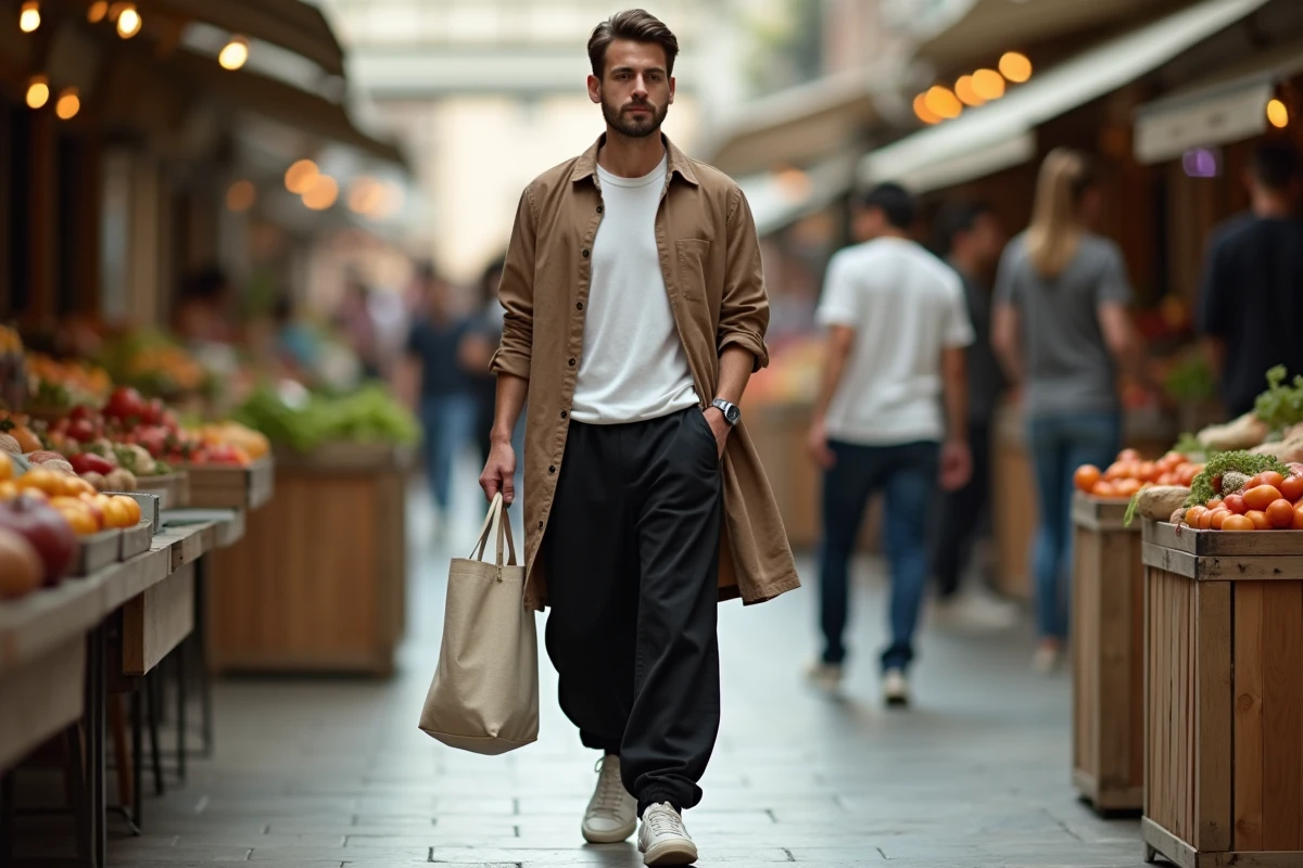 Homme en sarouel jogging noir et tunique lin marche dans un marché couvert avec style modeste et streetwear