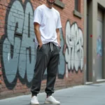 Jeune homme en sarouel jogging gris chiné et t-shirt blanc devant un mur de graffitis en milieu urbain
