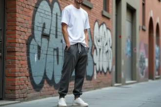 Jeune homme en sarouel jogging gris chiné et t-shirt blanc devant un mur de graffitis en milieu urbain