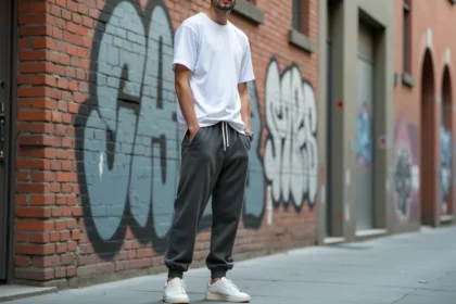 Jeune homme en sarouel jogging gris chiné et t-shirt blanc devant un mur de graffitis en milieu urbain