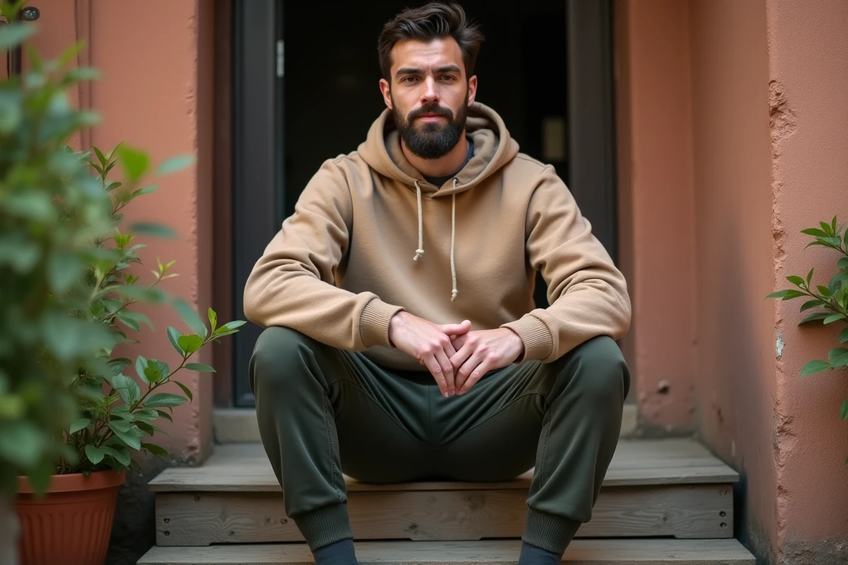 Homme barbu en sarouel jogging kaki et hoodie beige assis sur les marches d'un immeuble résidentiel