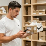 Homme scannant le code UPC d'une boîte de sneakers Nike avec son smartphone en magasin