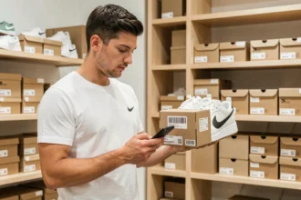 Homme scannant le code UPC d'une boîte de sneakers Nike avec son smartphone en magasin