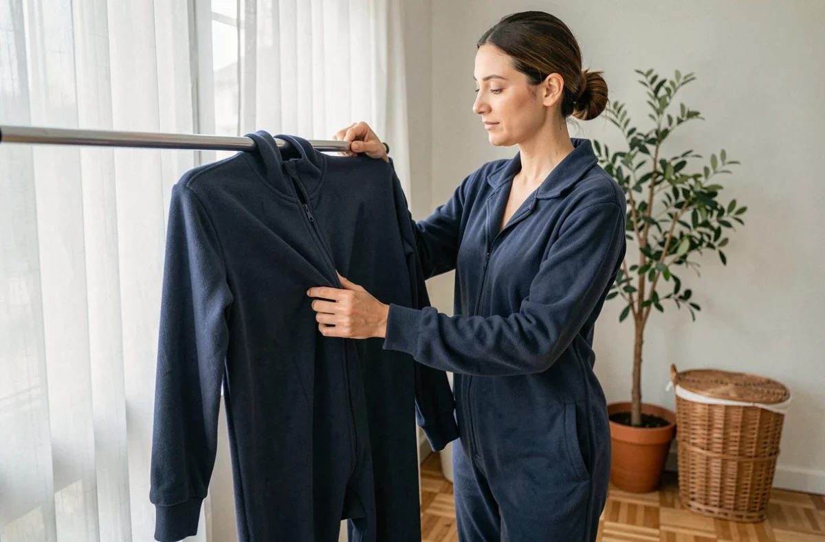 Femme en grenouillère bleu marine étendant son pyjama sur un séchoir à linge dans un salon lumineux pour un séchage délicat