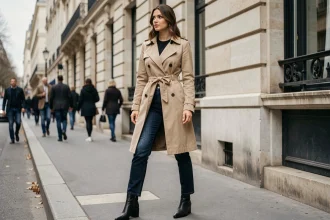 Femme svelte en trench-coat beige cintré et jean droit mettant en valeur sa silhouette dans une rue parisienne