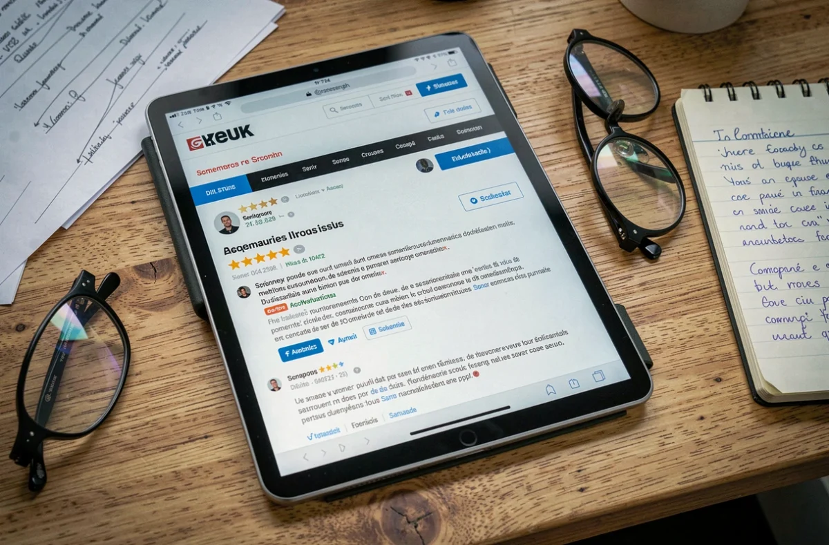 Tablette affichant des avis clients étoilés sur un site de mode en ligne avec notes manuscrites sur un bureau en bois