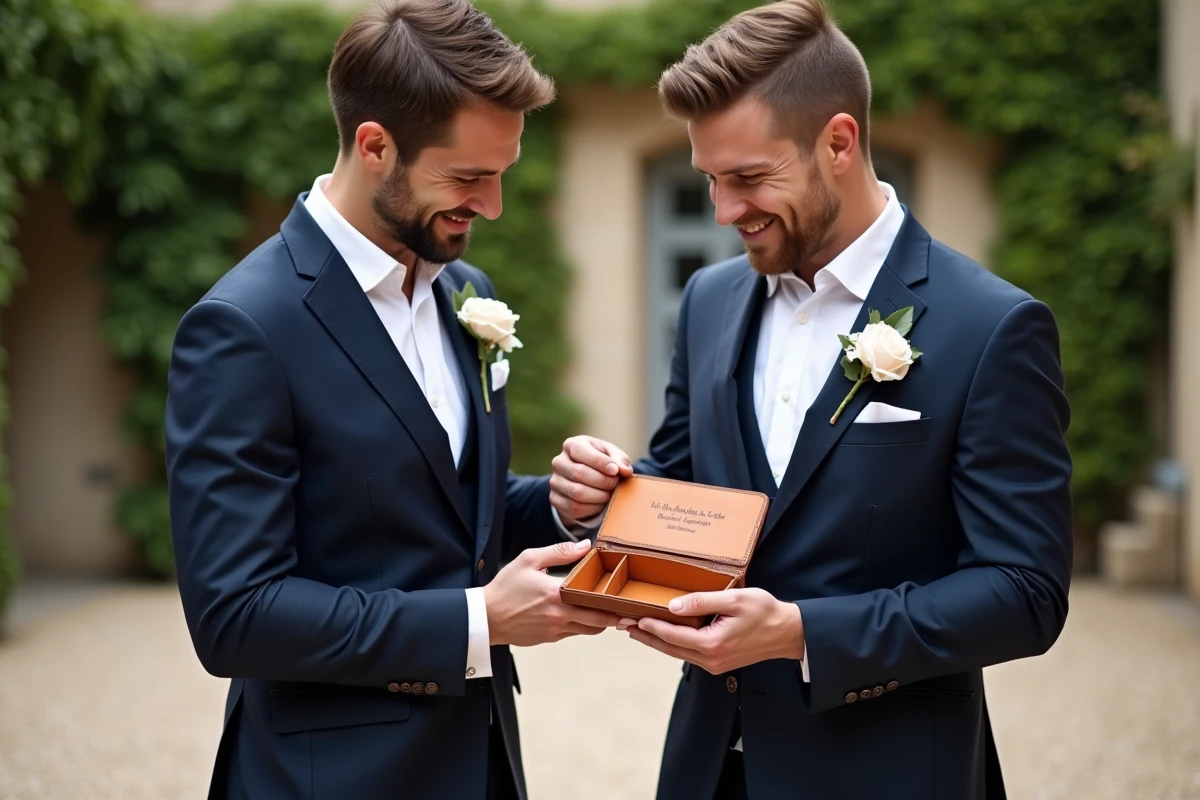 Deux témoins de mariage en costume marine échangeant un portefeuille en cuir personnalisé dans la cour d'un château français
