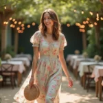 Femme en robe fleurie midi style guinguette dans un jardin de mariage avec pergola en bois et guirlandes lumineuses