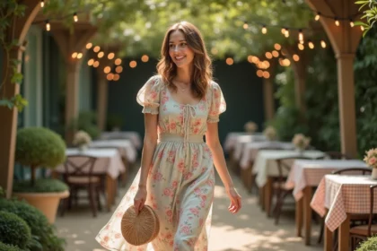 Femme en robe fleurie midi style guinguette dans un jardin de mariage avec pergola en bois et guirlandes lumineuses