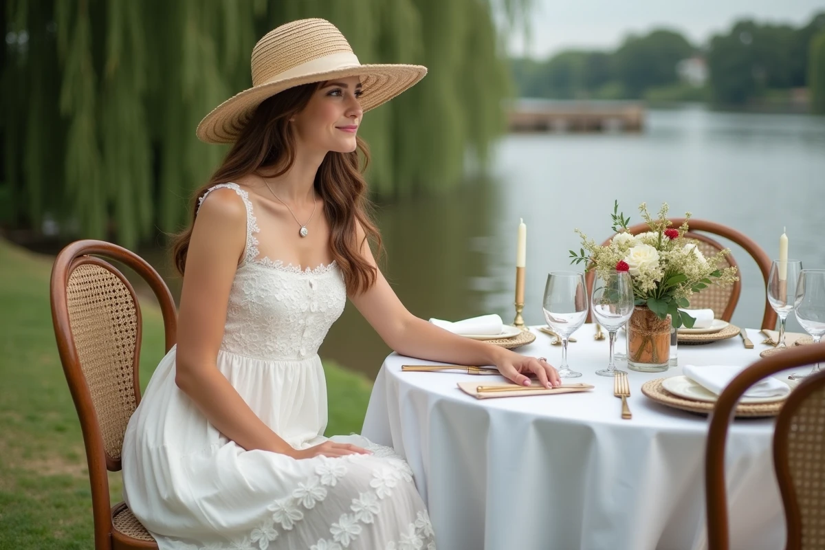 Femme en robe broderie anglaise style guinguette assise à une table de mariage au bord de l'eau avec saules pleureurs