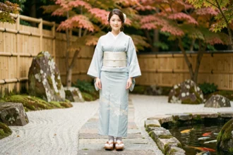 Femme japonaise en yukata bleu pâle avec sandales geta en bois sur un chemin de jardin zen traditionnel