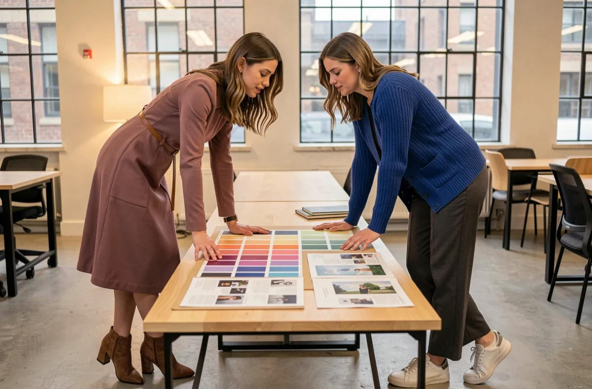 Deux femmes en tenues colorées tendance 2026 — robe mauve et cardigan cobalt — collaborant dans un espace de coworking moderne