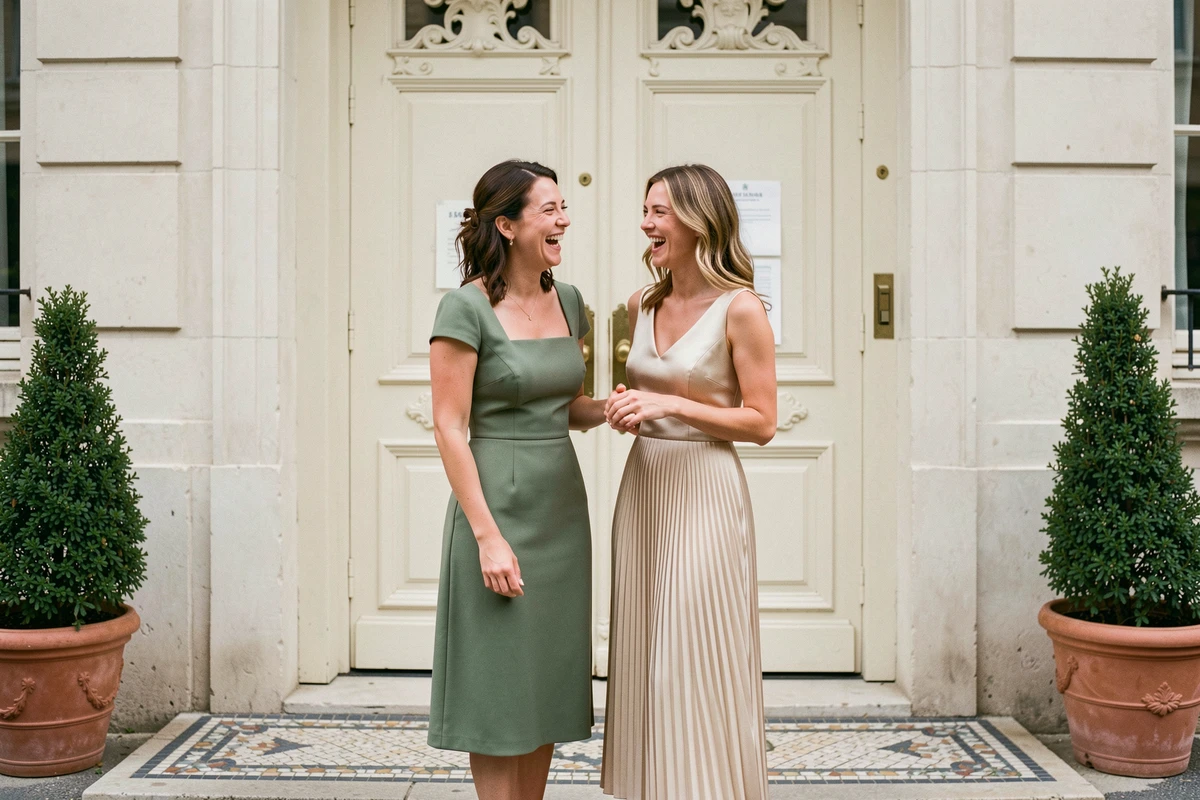 Deux femmes élégantes en tenue d'invitée de mariage civil devant la porte d'une mairie française