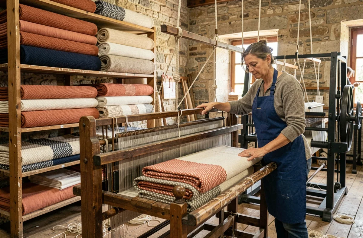 Artisane au métier à tisser dans l'atelier du Tissage Moutet à Orthez, avec linge tissé basque exposé