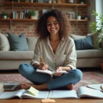 Femme créative entourée de carnets et magazines sur le sol, prenant des notes pour développer sa niche de blog lifestyle