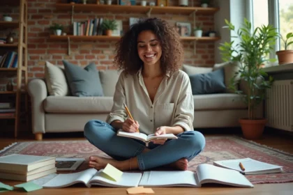 Femme créative entourée de carnets et magazines sur le sol, prenant des notes pour développer sa niche de blog lifestyle