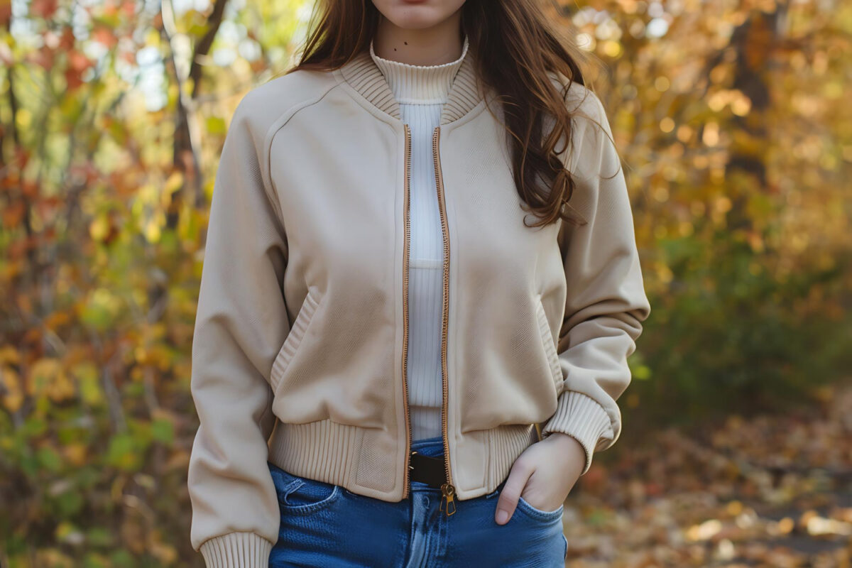 Une femme porte un bombers beige dans un decor automnal
