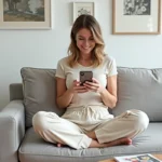 Jeune femme vendant des photos de pieds depuis son smartphone confortablement installée sur un canapé en lin gris chez elle