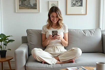 Jeune femme vendant des photos de pieds depuis son smartphone confortablement installée sur un canapé en lin gris chez elle
