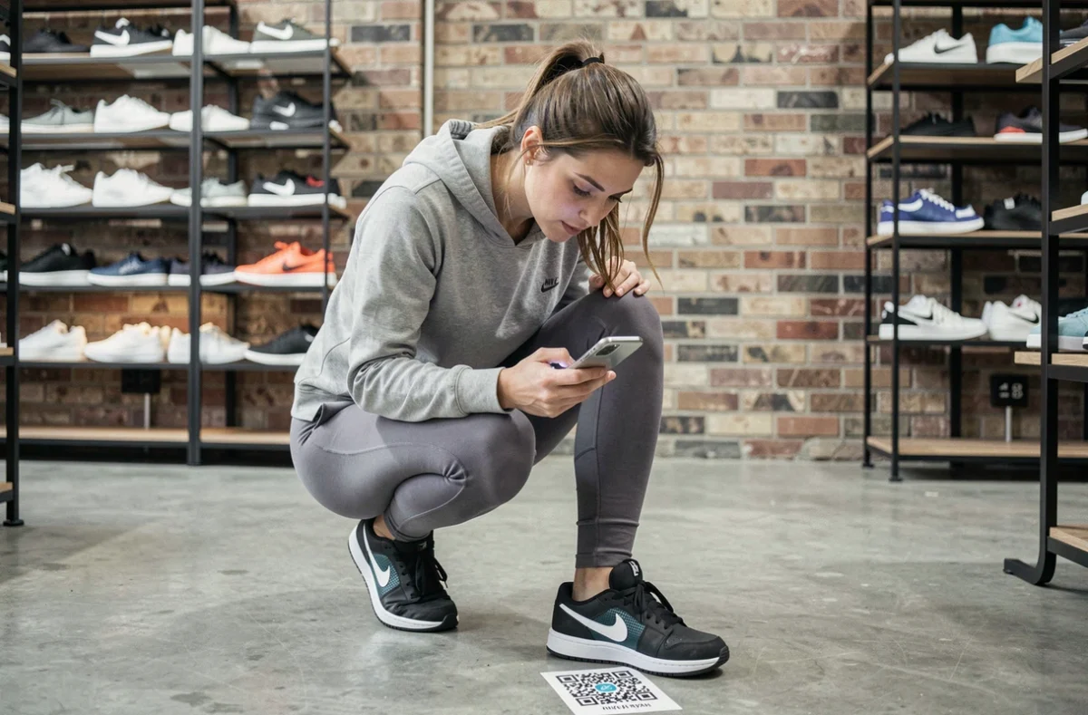 Femme scannant un QR code sur une chaussure Nike pour vérifier son authenticité